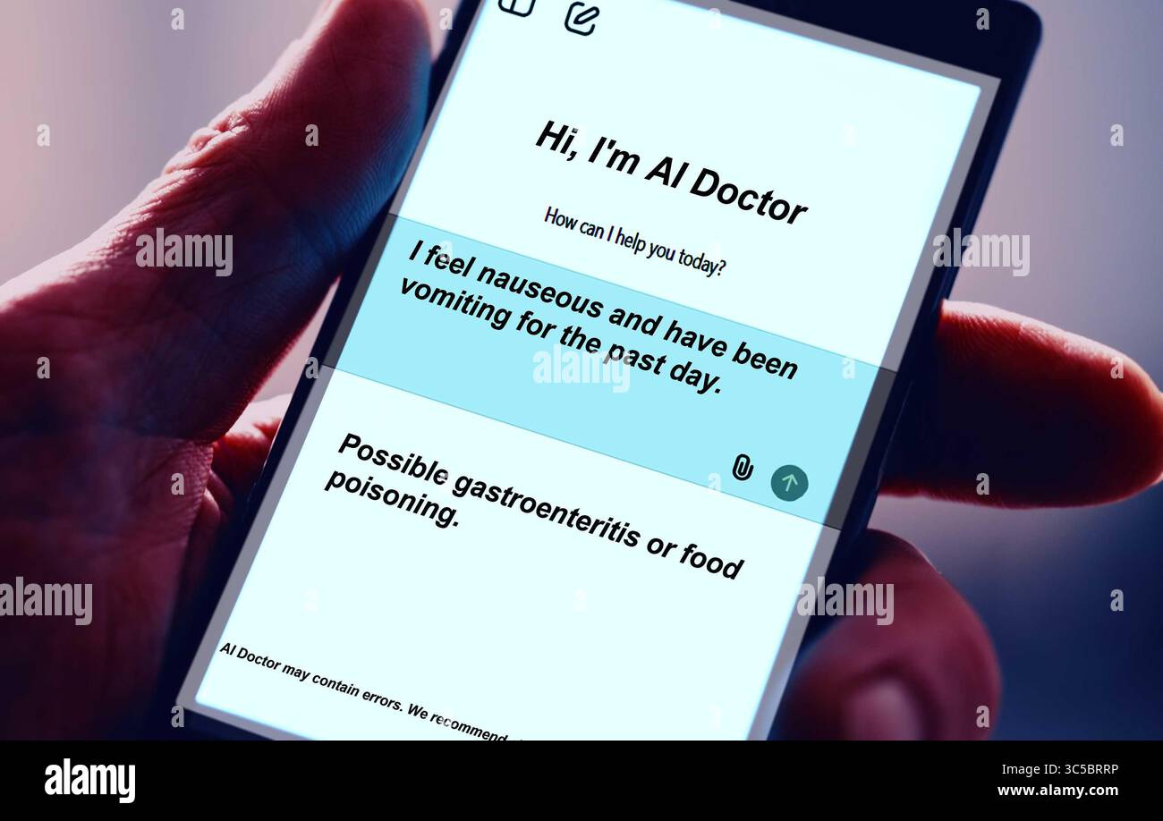 Artificial Intelligence-Based Healthcare Mobile App I feel nauseous and have been vomiting for the past day. Possible gastroenteritis or food poisonin Stock Photo