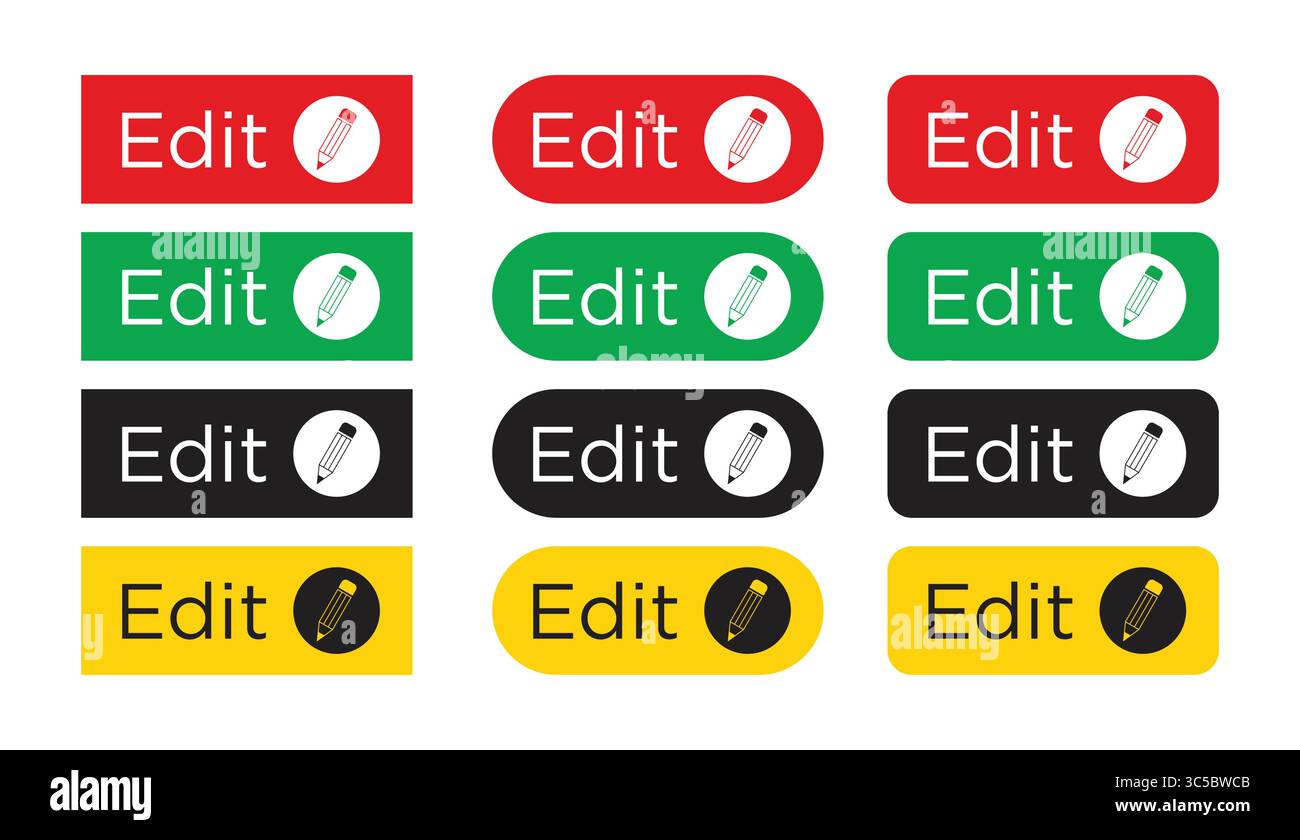 Edit Buttons with Pencil Icons in Red Green Yellow and Black UI ...