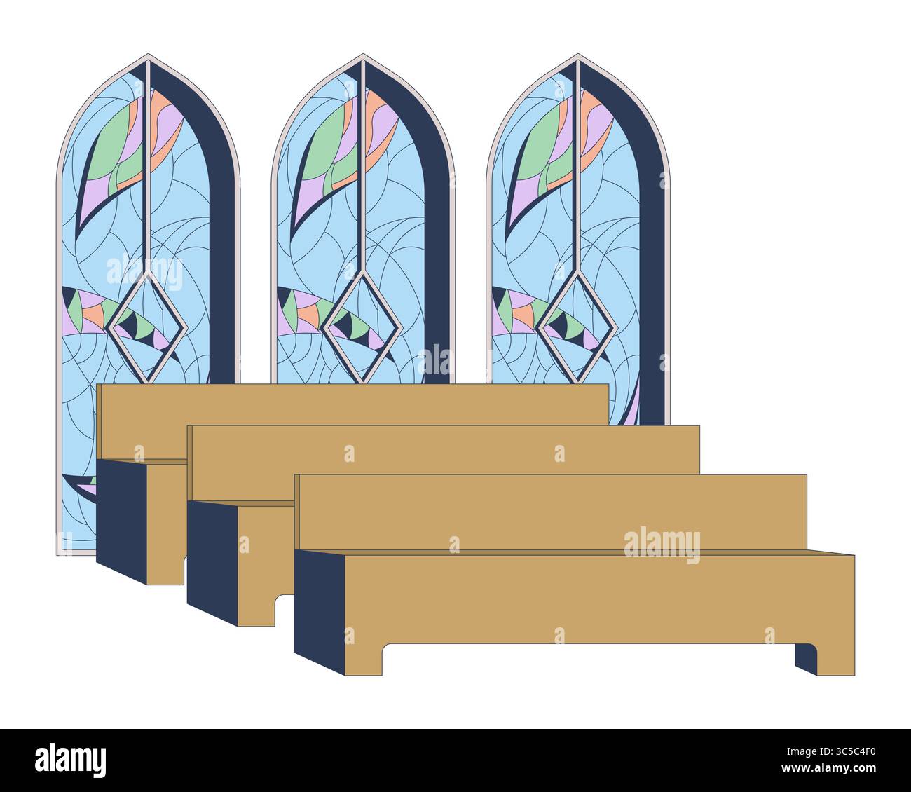 Empty church interior with stained glass 2D vector illustration Stock Vector