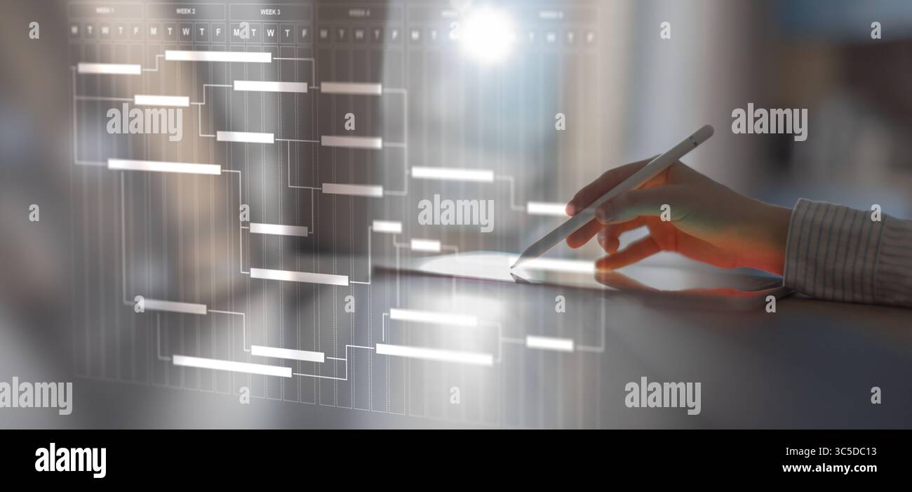 Project Management and Workflow Scheduling Illustrated on a Digital Gantt Chart Interface. Stock Photo