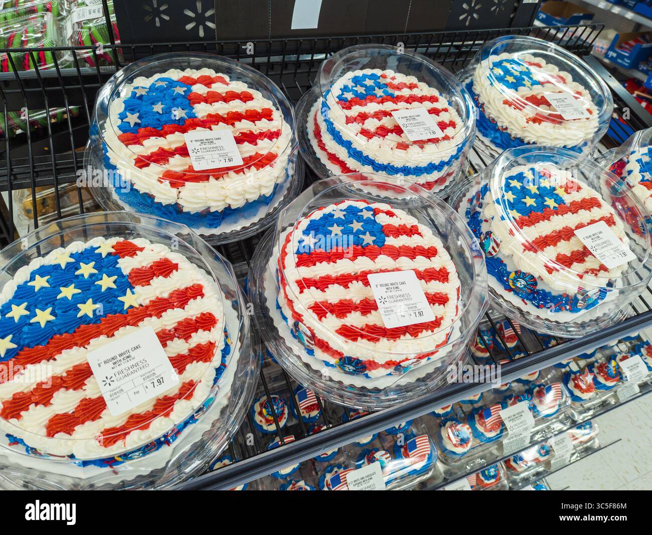 Red White And Blue Themed Cakes Displayed At Walmart For Fourth Of July Celebrations - Smartphone Captured Stock Image