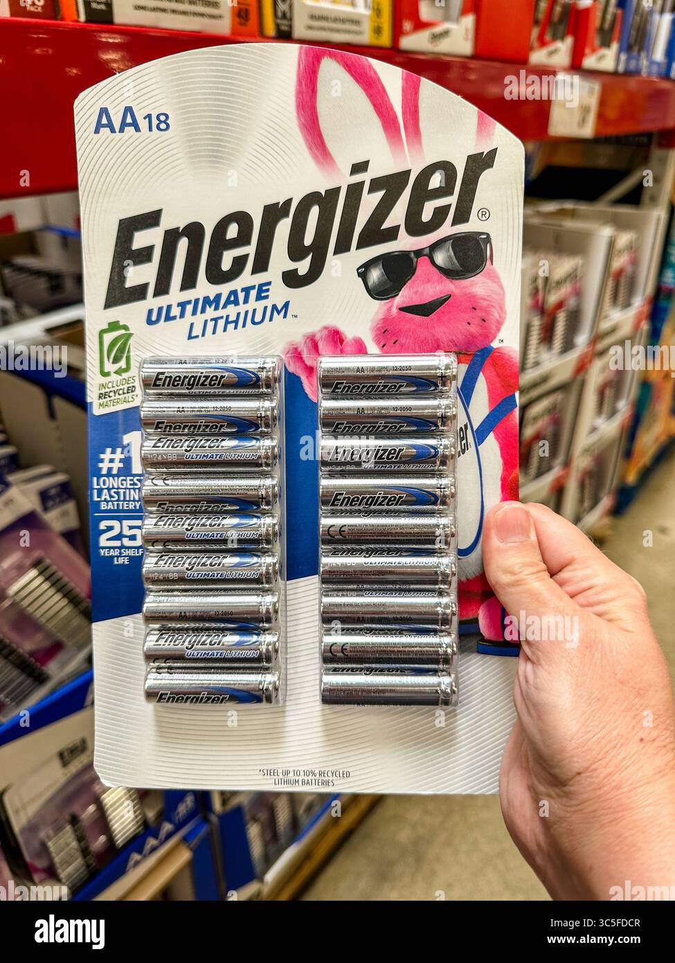 Hand holding a package of Energizer batteries. Merrillville, IN USA July 7, 2025 - Smartphone Captured Stock Image