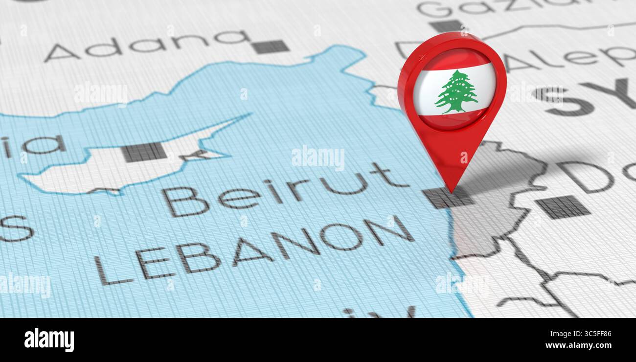 Lebanon, Beirut - location pin with national flag on political map - 3D illustration Stock Photo