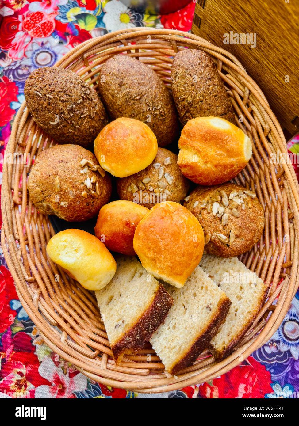 A basket of Lithuanian bread served at the Amatininkų Užeiga restaurant in Vilnius, Lithuania. - Smartphone Captured Stock Image
