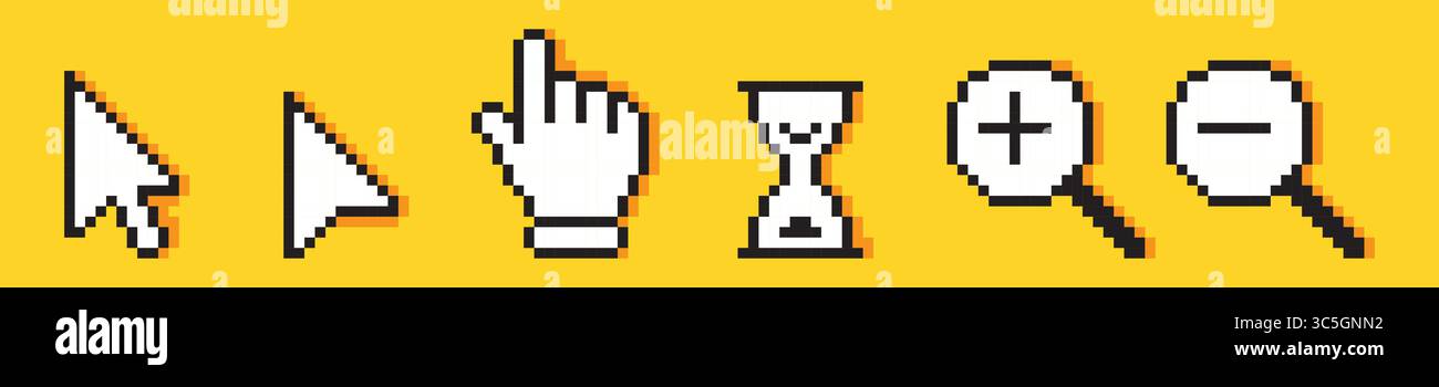 Set of pixel computer cursors pointers, 8-bit computer mouse Stock Vector
