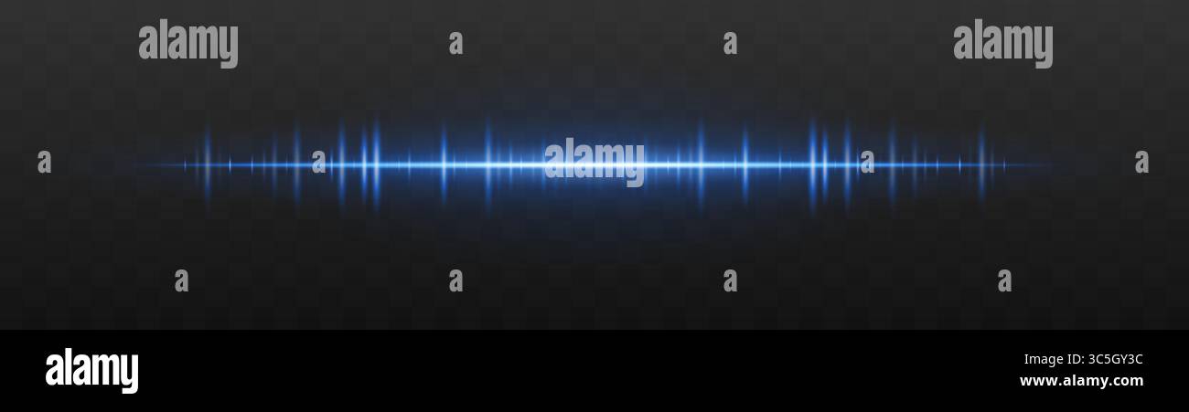 Audio bar. Glowing frequency wave with high intensity peaks and reflection. Suited for UI, music interface, sound visualization, digital signal. Stock Vector