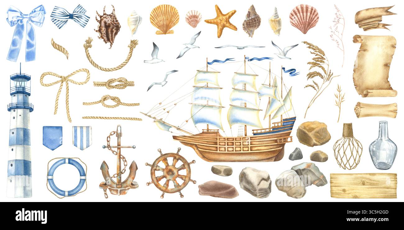 Watercolor clipart with ship, lighthouse and seashells for design in ...