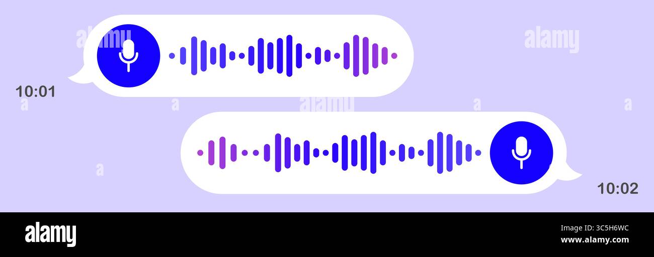 Messaging icon. Voice messages in chat interface, light theme, sound waveforms, play controls, conversation screen, digital reply, mobile UI, clean la Stock Vector