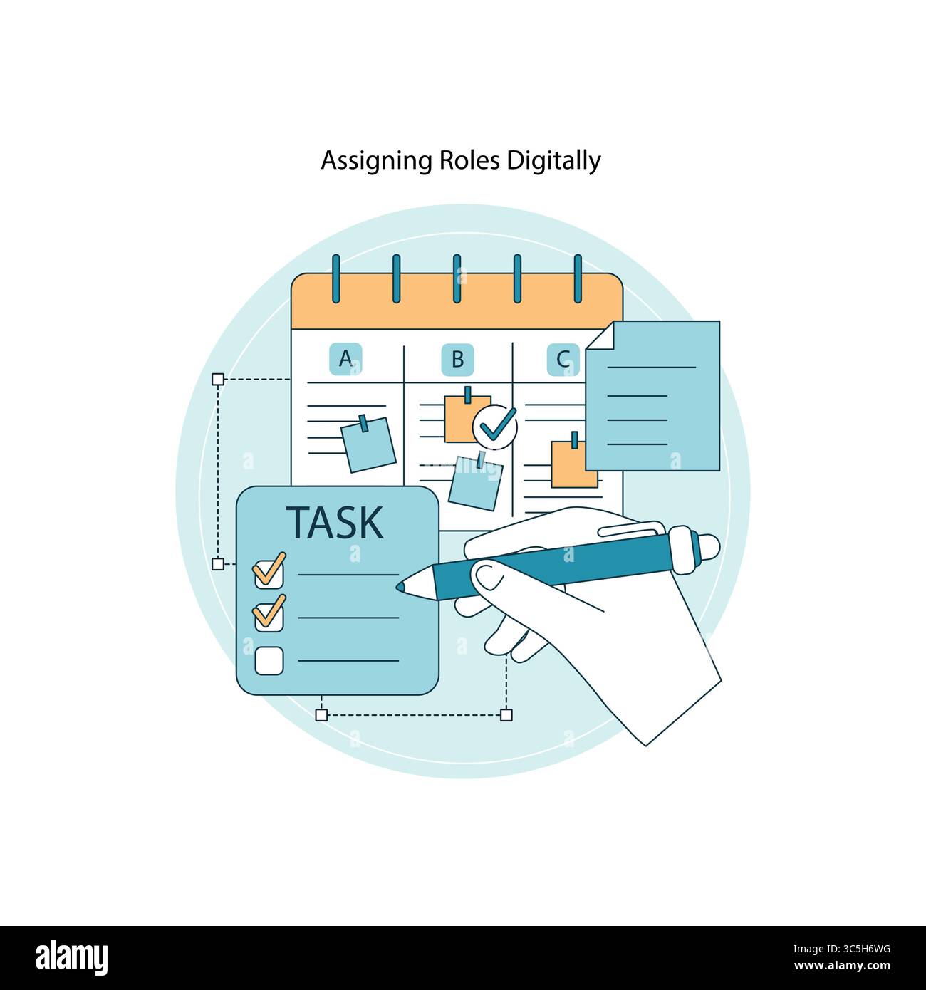 Vector illustration depicting digital task management, featuring a hand ...