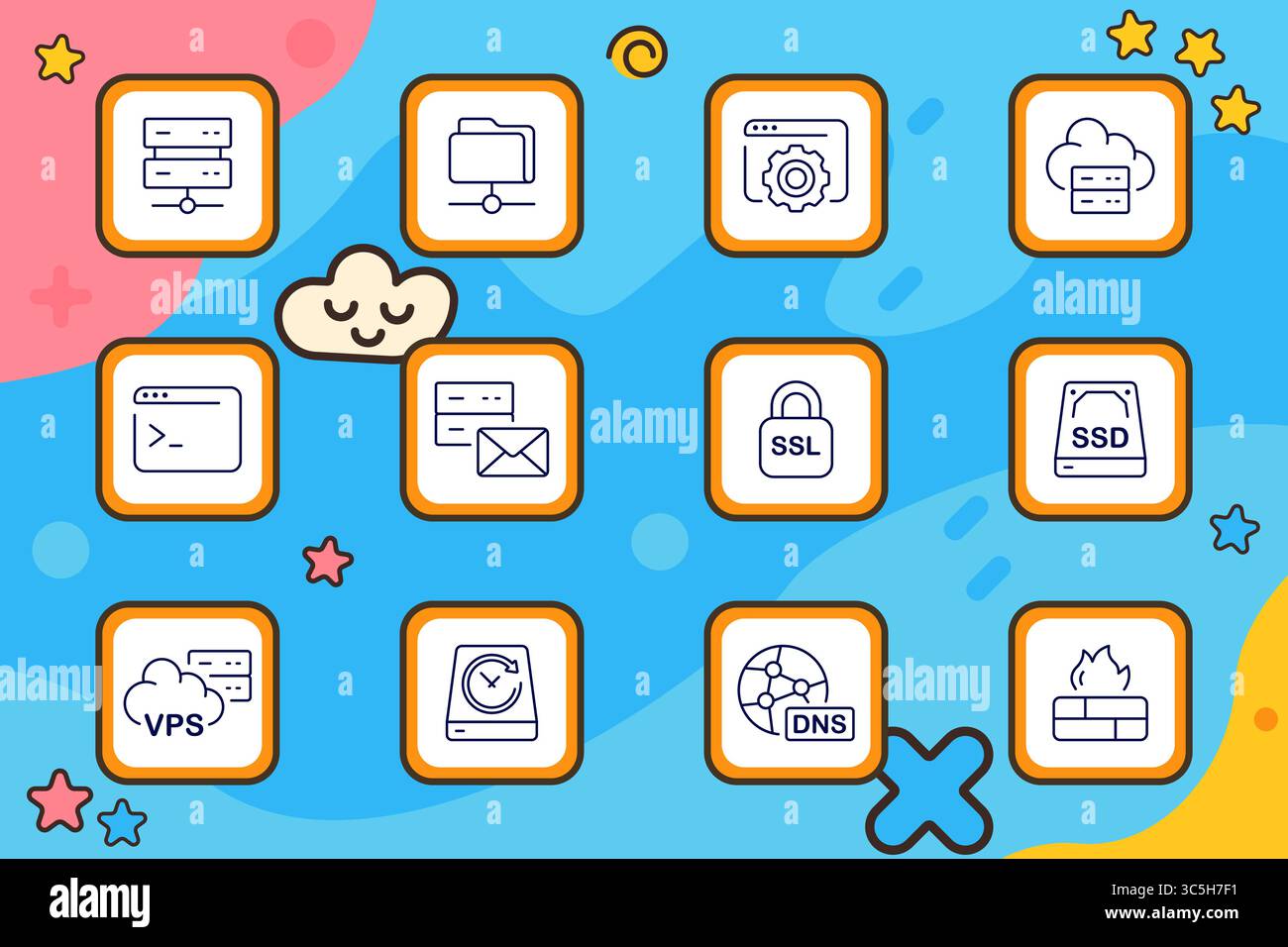 Hosting set icon. Server, shared folder, settings, cloud hosting, code window, email server, SSL padlock, SSD disk, VPS cloud, backup disk, DNS networ Stock Vector