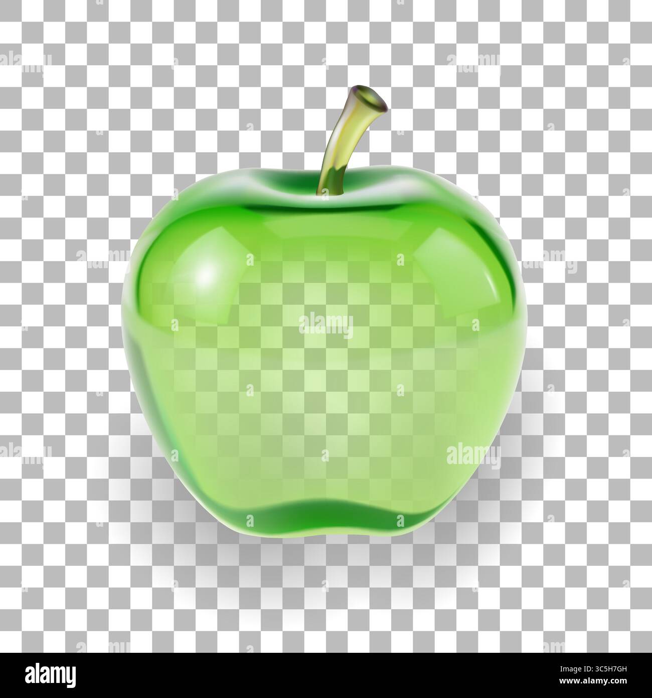 Green apple illustration. Shiny fruit diet fresh healthy. Nutrition wellness fitness food web design. Glossy transparent background vector Stock Vector