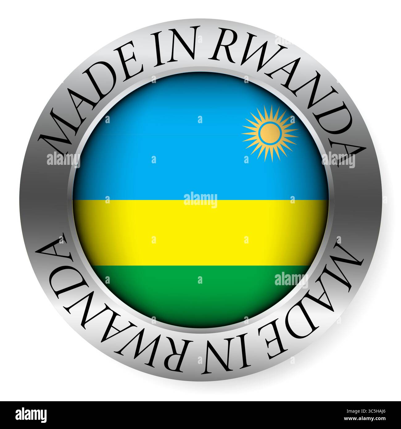 Made in Rwanda button icon. Circular emblem with metallic border ...