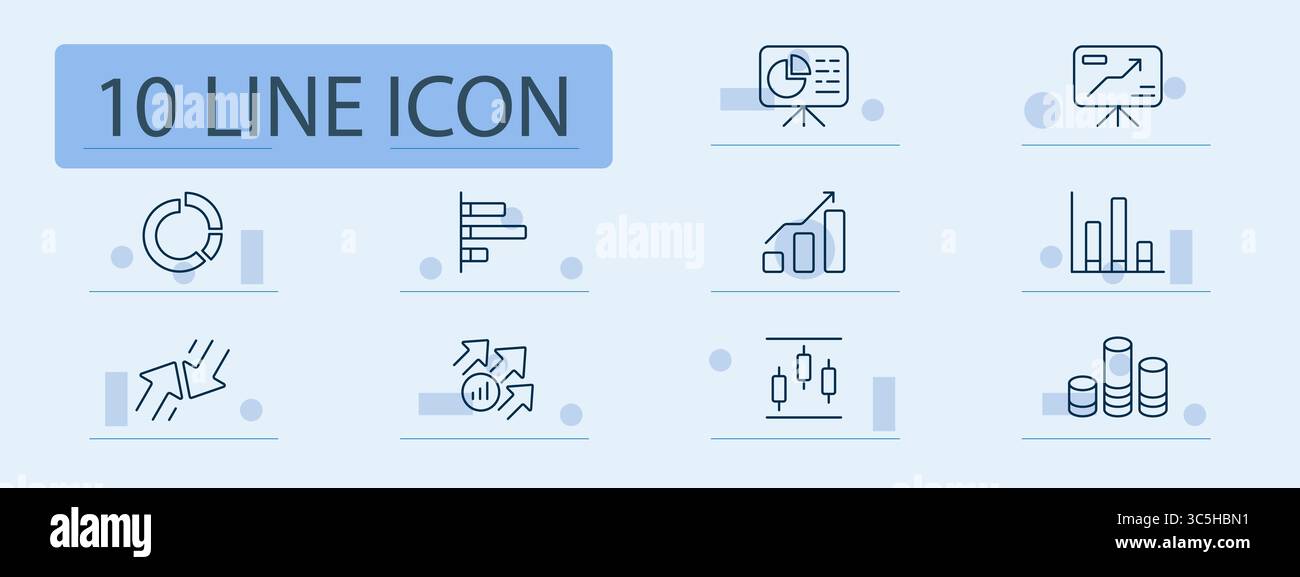 Business chart and growth set icon. Graphs, pie, bar, candlestick, dashboard, metric arrows, flag, target, and comparison visuals outlined for analyti Stock Vector