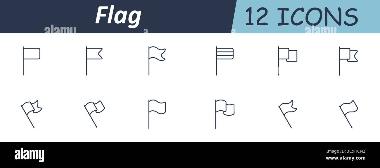 Flag set icon. Various flag shapes on vertical and diagonal poles with ...