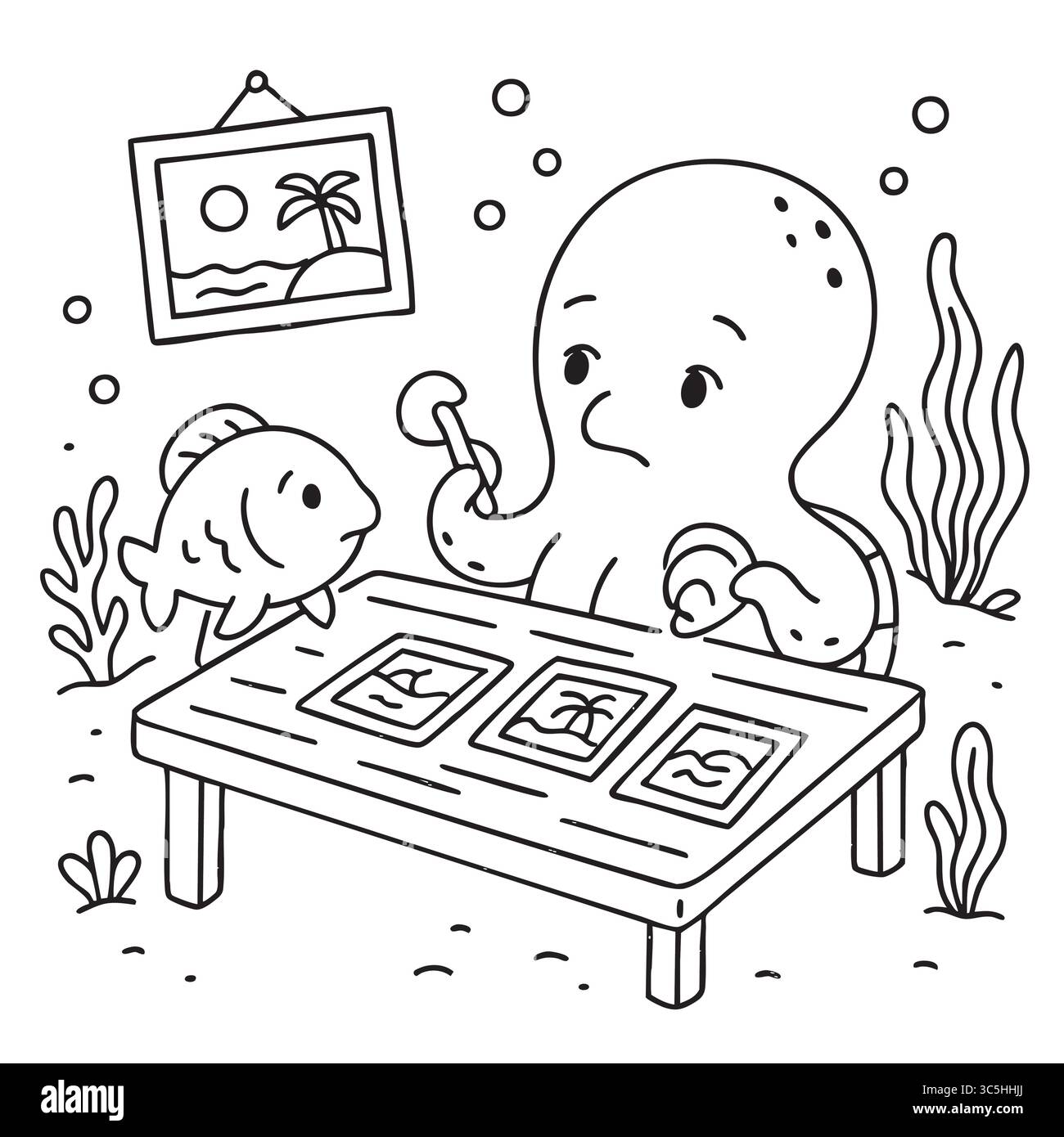 Cute octopus and fish looking at underwater travel photos. Stock Vector