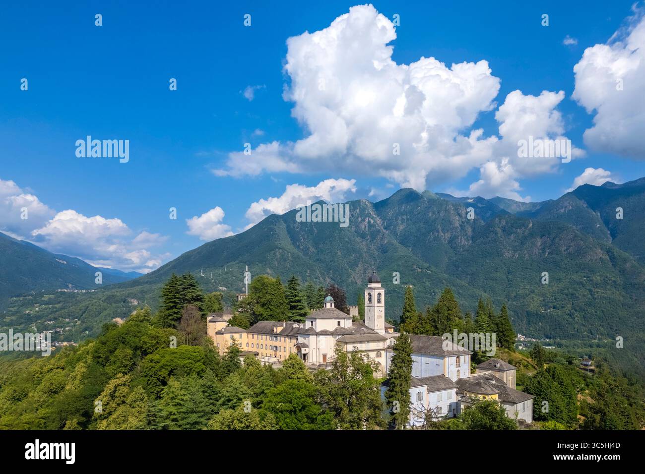 Aerial view of the Sacro Monte Calvario di Domodossola. Domodossola, Verbano-Cusio-Ossola district, Piedmont, Italy, Europe. Stock Photo