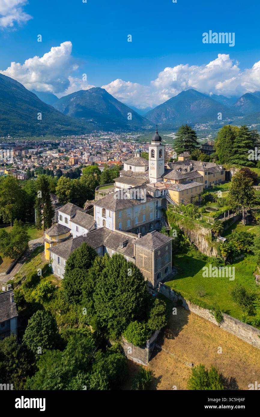 Aerial view of the Sacro Monte Calvario di Domodossola. Domodossola, Verbano-Cusio-Ossola district, Piedmont, Italy, Europe. Stock Photo