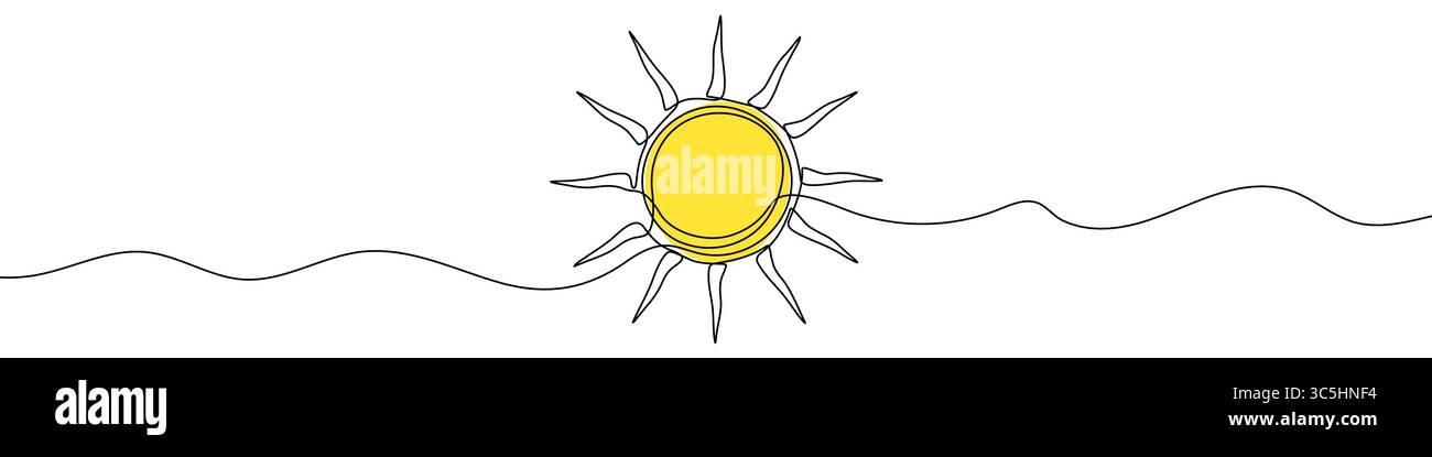 Yellow sun in one line art style. Sun drawing with editable black stroke on white background. Vector illustration. Stock Vector