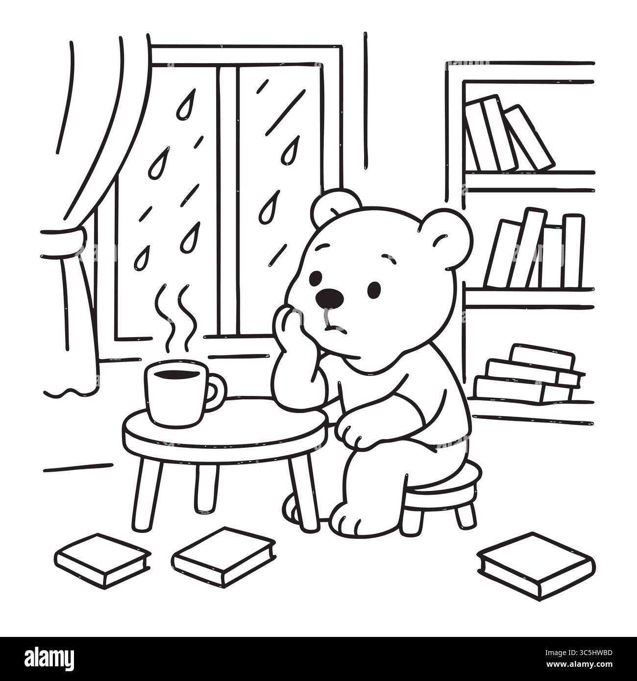 Sad bear looking out window on rainy day. Stock Vector