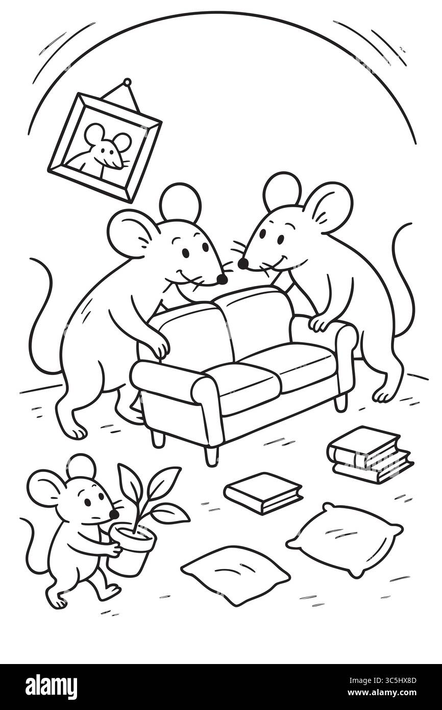 Mice family moving furniture at home coloring page Stock Vector