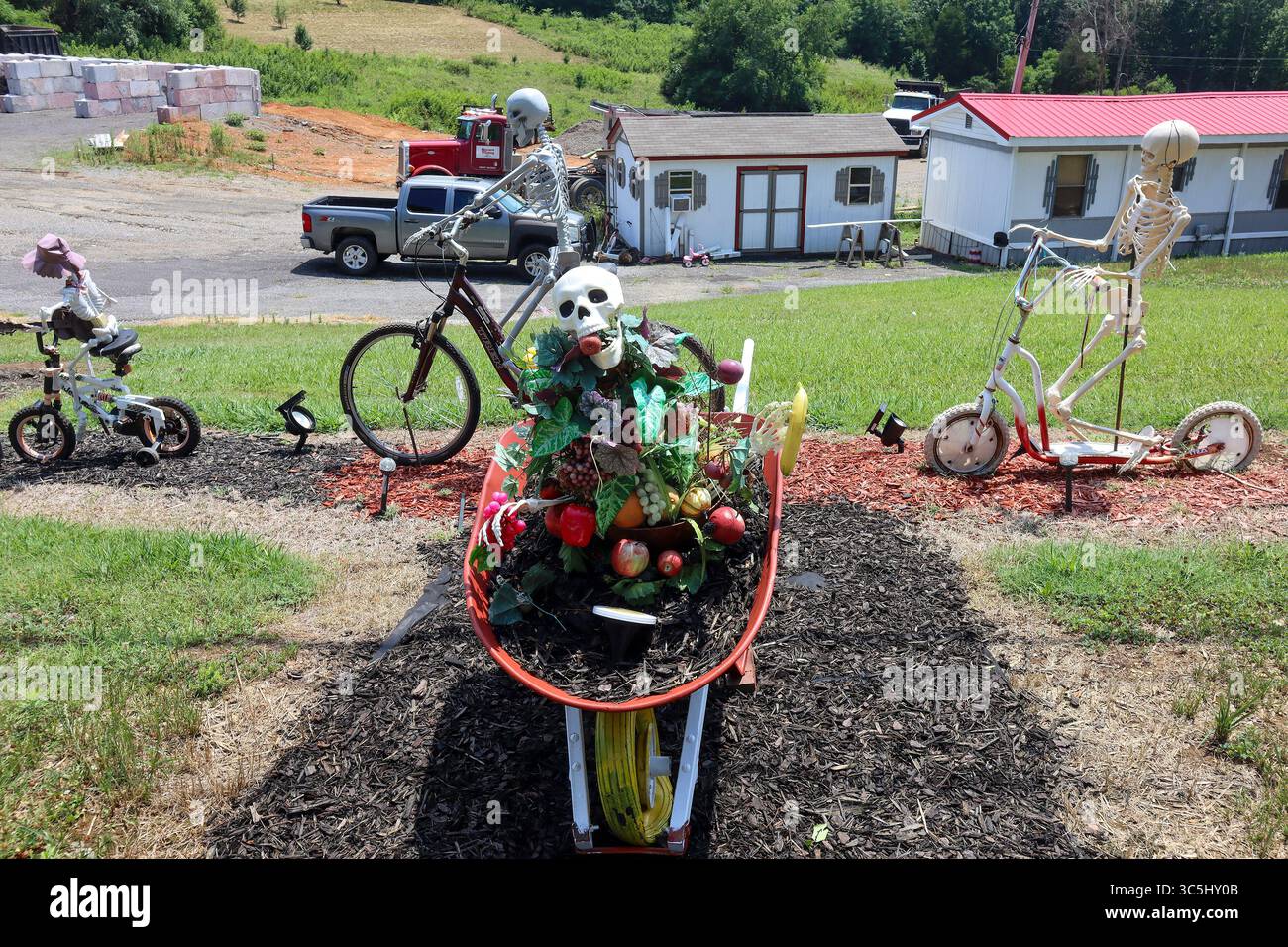 The Bone Yard in Loudon, Tennessee features skeletons of all sizes riding bikes, walking dogs, and playfully frolicking about. Stock Photo