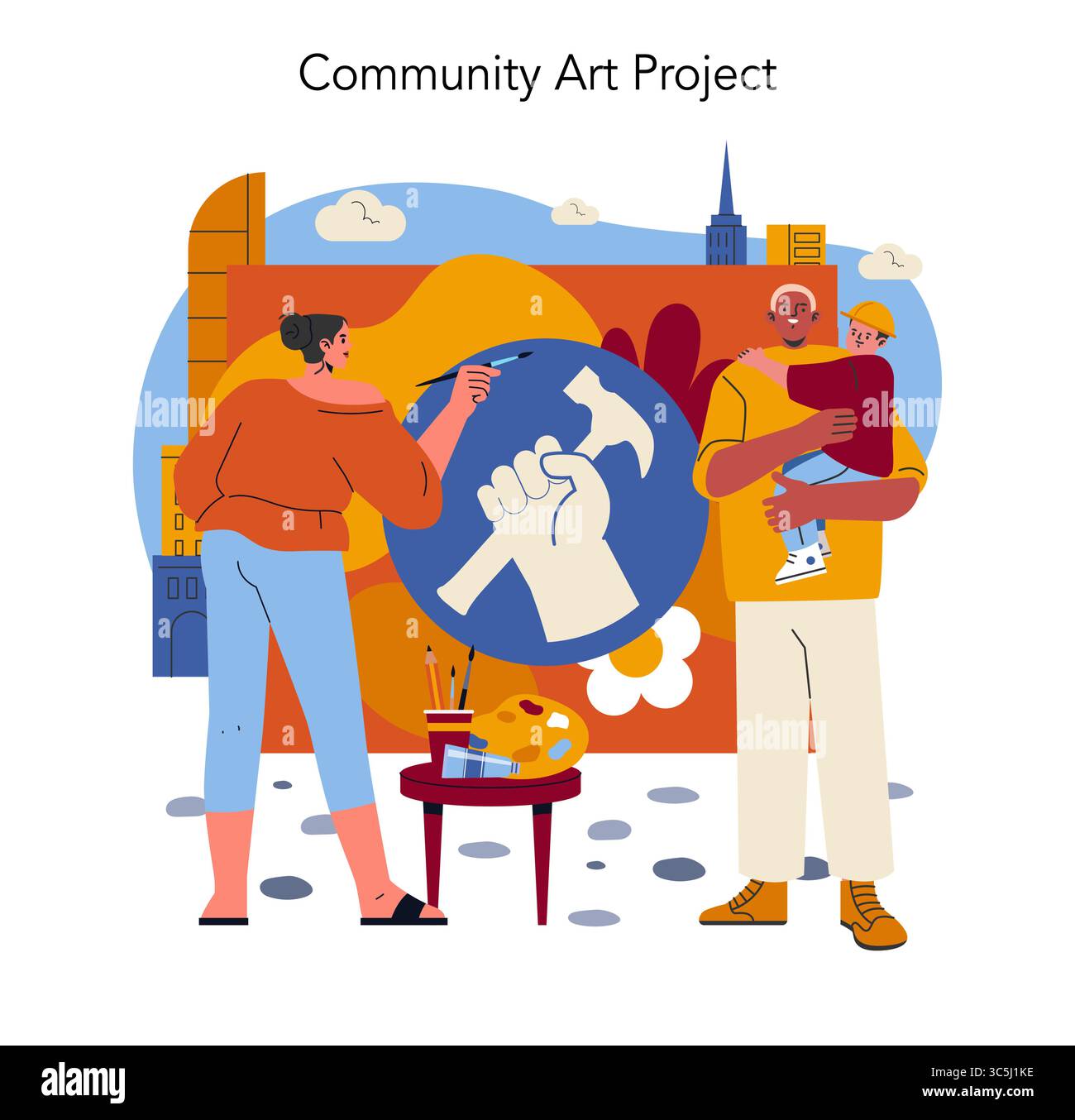 Community art project illustration showcasing diverse artists painting a Labor Day mural in an urban setting. Stock Vector