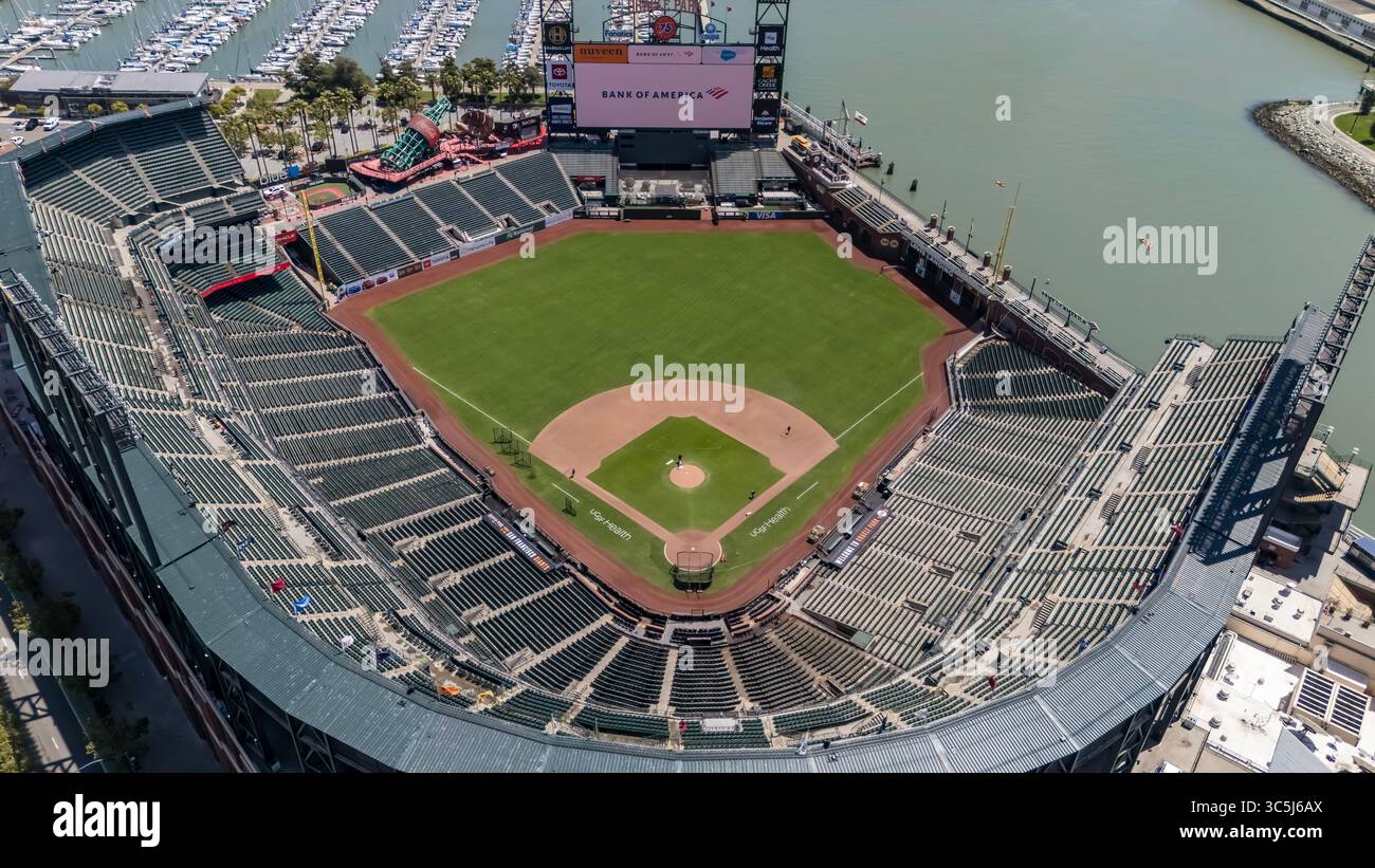 SAN FRANCISCO, CA USA - July 28, 2025: An aerial view of Oracle Park ...