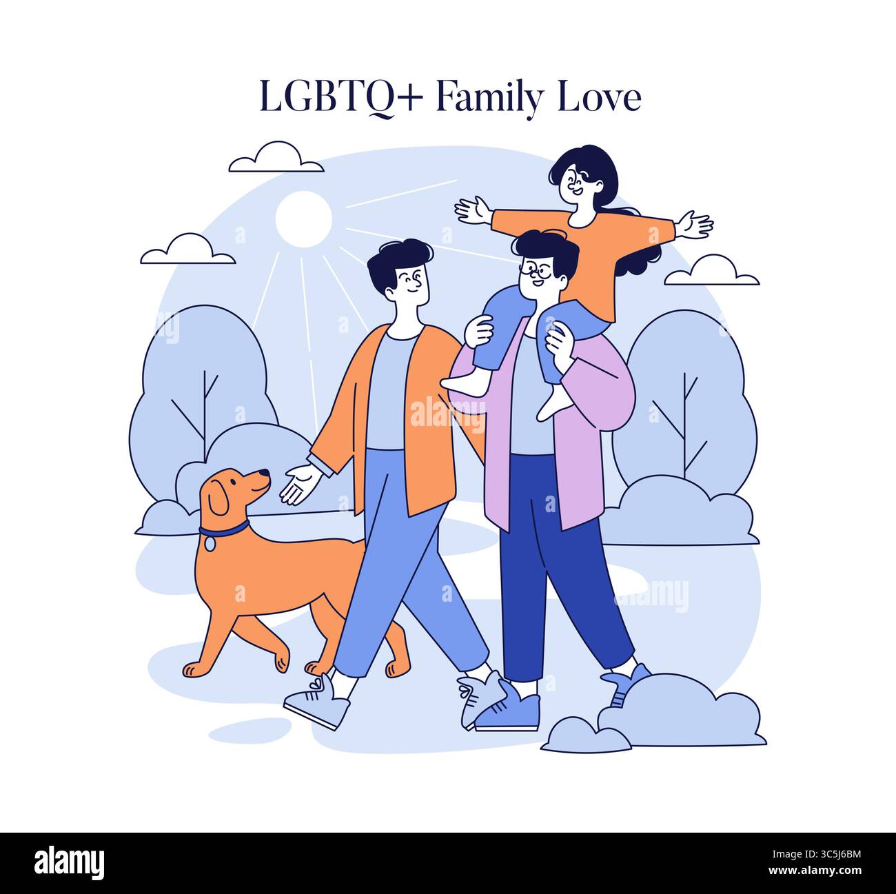 LGBTQ+ family enjoying a sunny day in a park, walking with a dog. Two ...