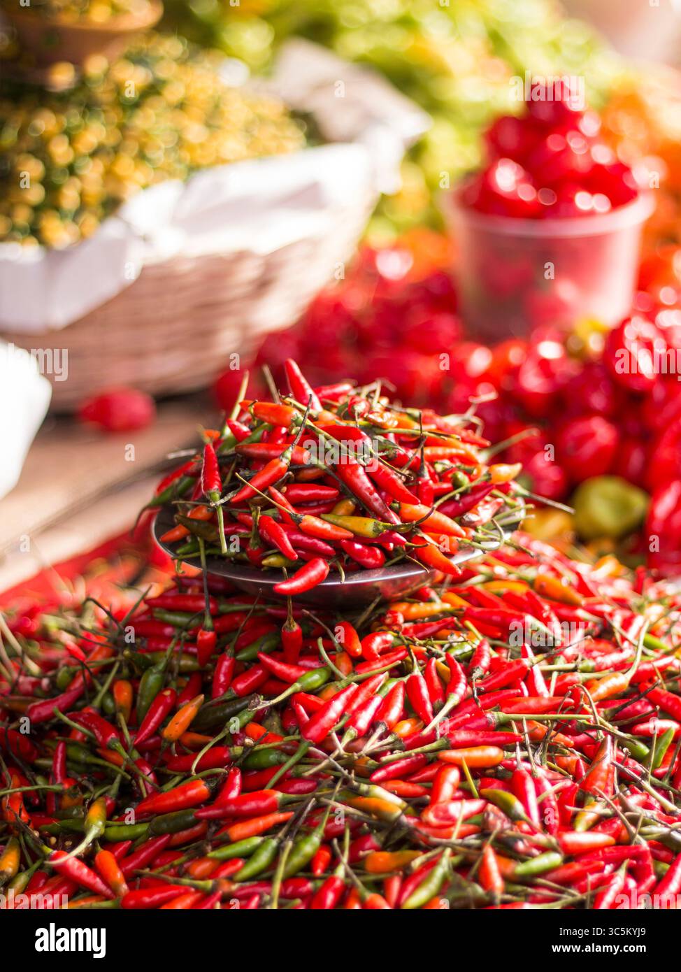 Small red and green chili peppers for sale at the popular fair Stock ...