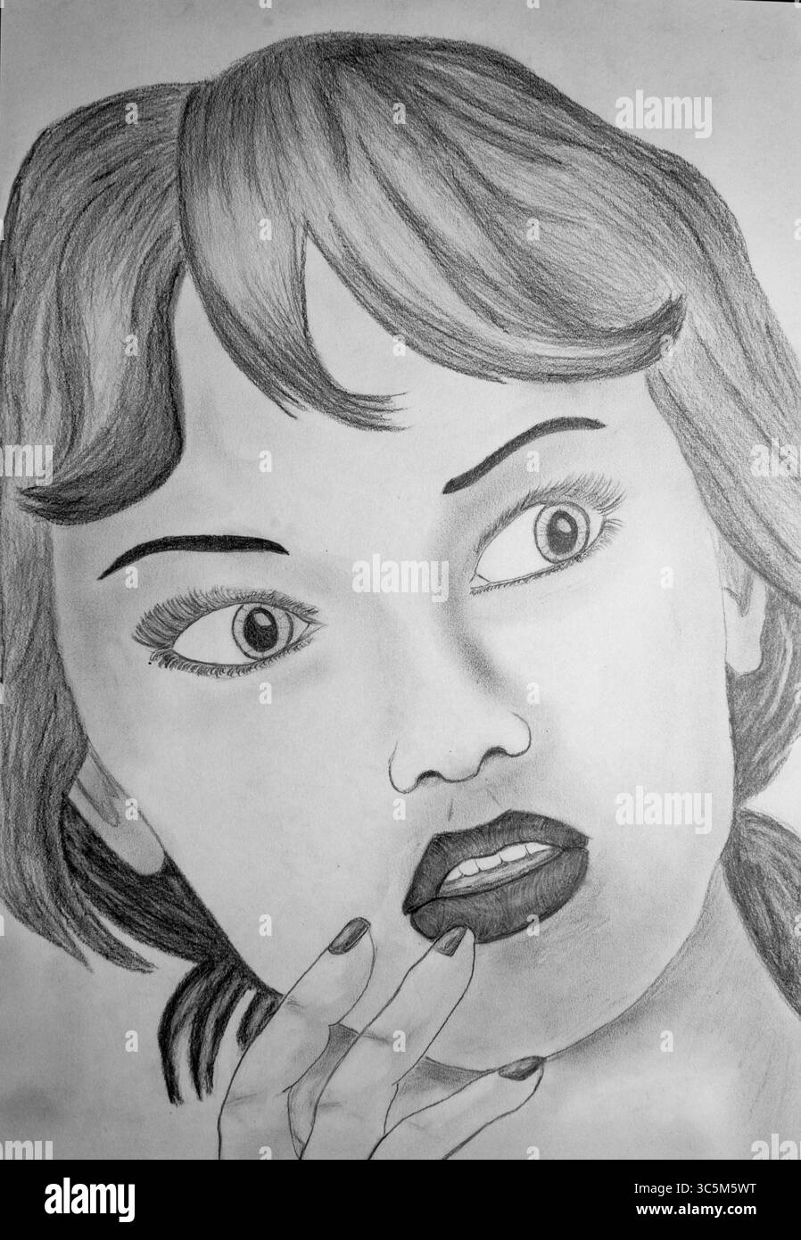 This vintage style portrait drawing features a woman with expressive eyes and a classic pose. Stock Photo