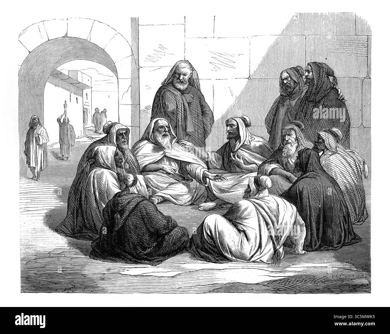 Illustration Boaz in a meeting with Naomi's Next of Kin buying Elimelech's Inheritance including the Hand in Marriage to Ruth (Ruth) from Antique 19th Stock Photo