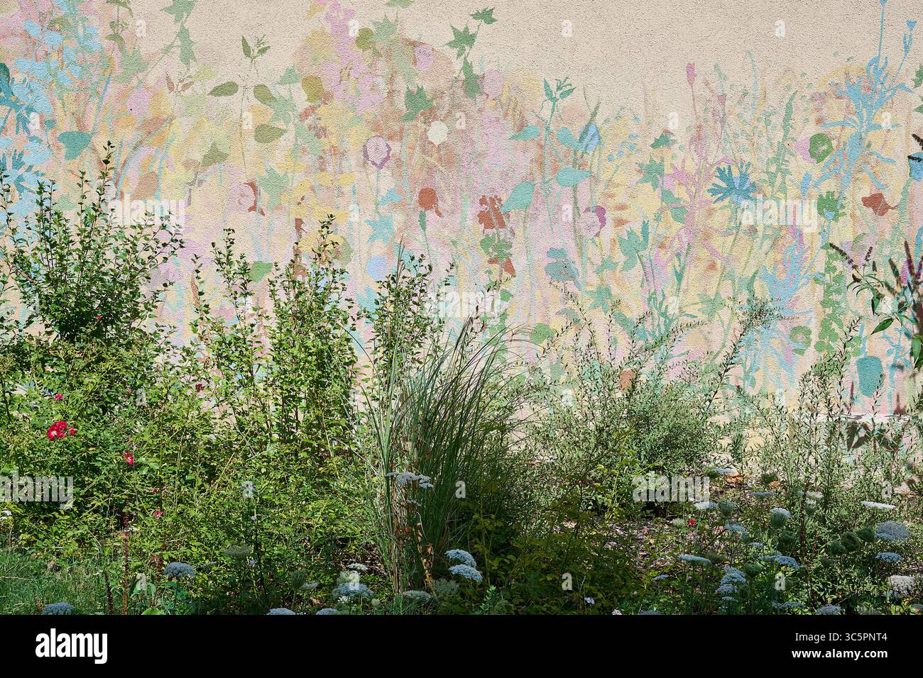 Echte Pflanzen vor einer Wand mit aufgemalten Blumen Stock Photo