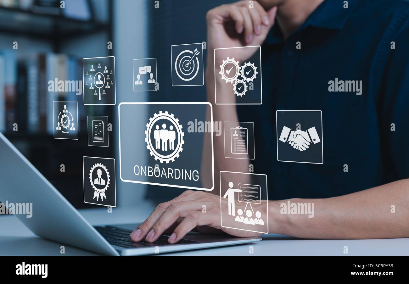 Onboarding New Employee Process Concept. Person working on laptop with ...