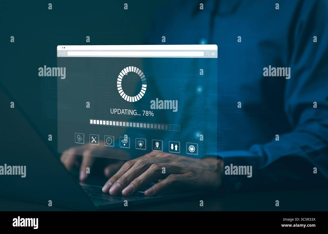 Update software application and hardware upgrade technology concept. User is using laptop software update or operating system upgrade, updating progre Stock Photo