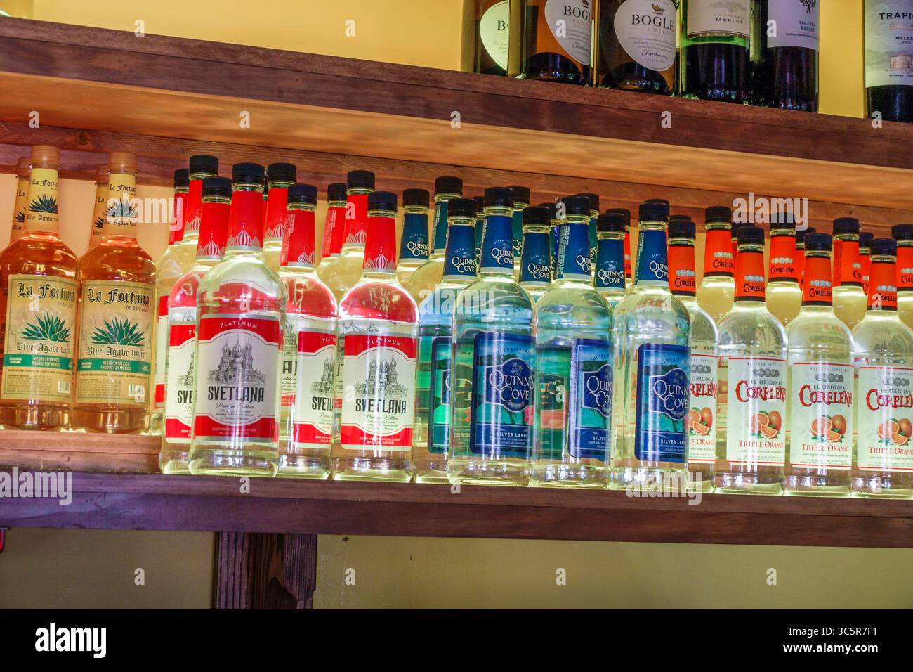 Miami Beach Florida,South Beach,Washington Avenue,Mama’s Tacos Mexican Restaurant interior liquor shelf,rows of tequila vodka and other bottles with v Stock Photo