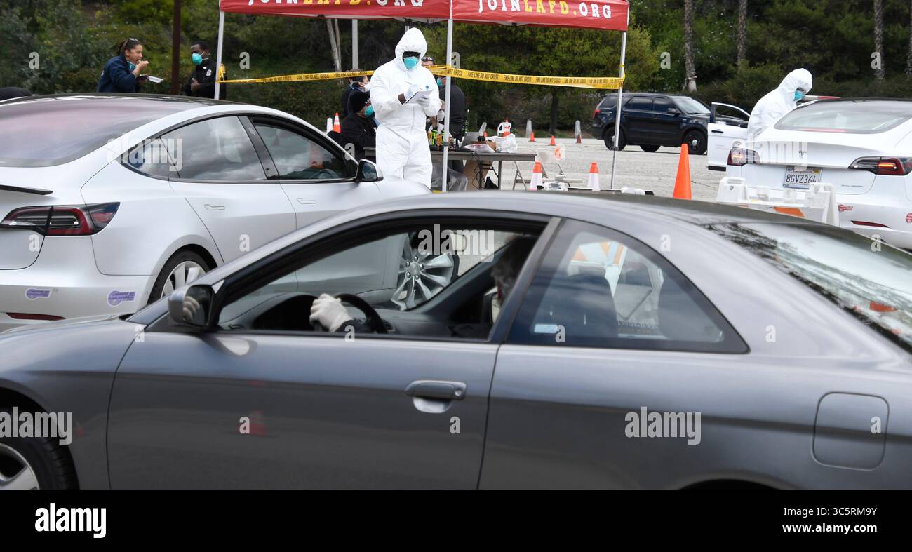 One of several Los Angeles City COVID-19  drive-through test sights near Dodger Stadium Wednesday, March 25,2020. Los Angeles, CA/USA. (Credit Image: © Gene Blevins/ZUMA Wire) Stock Photo