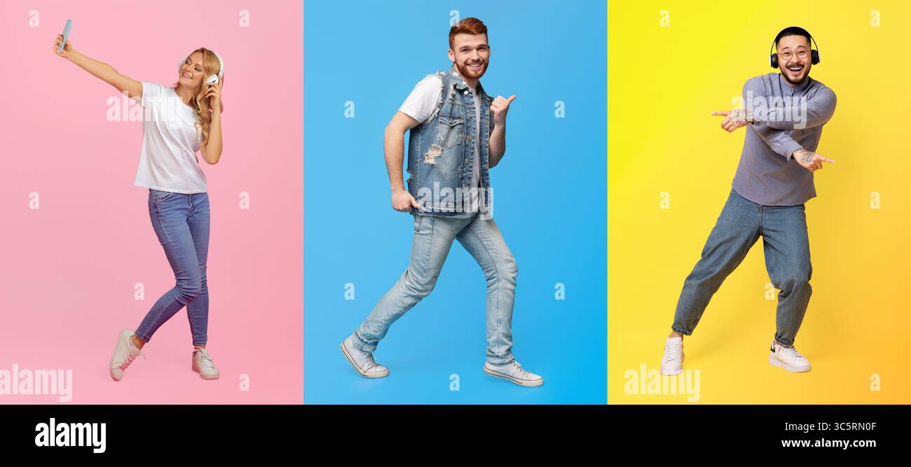 Three individuals express joy and energy in a vibrant collage Stock Photo