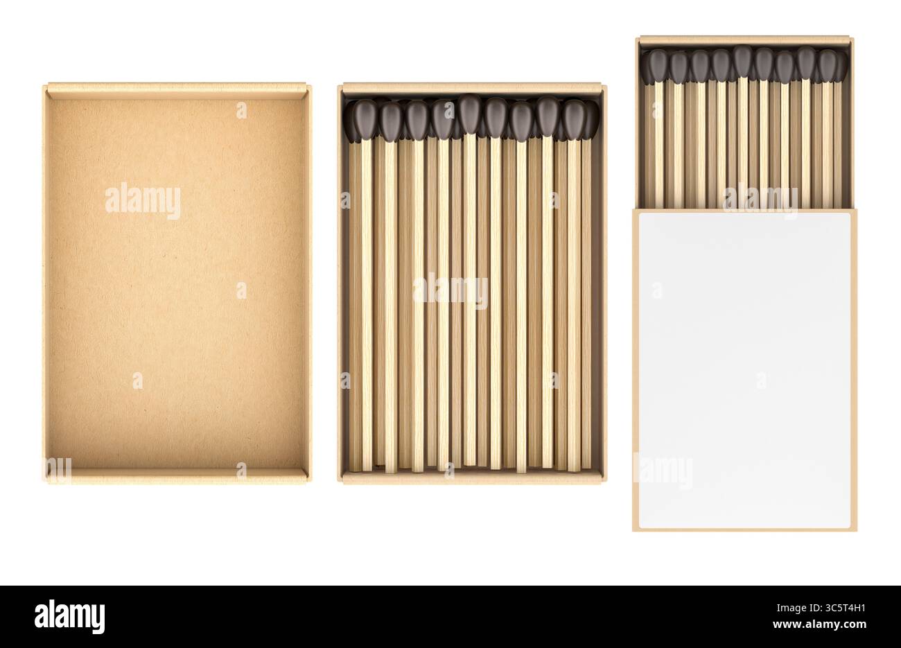 Three matchboxes shown from above: empty, open with wooden matches ...