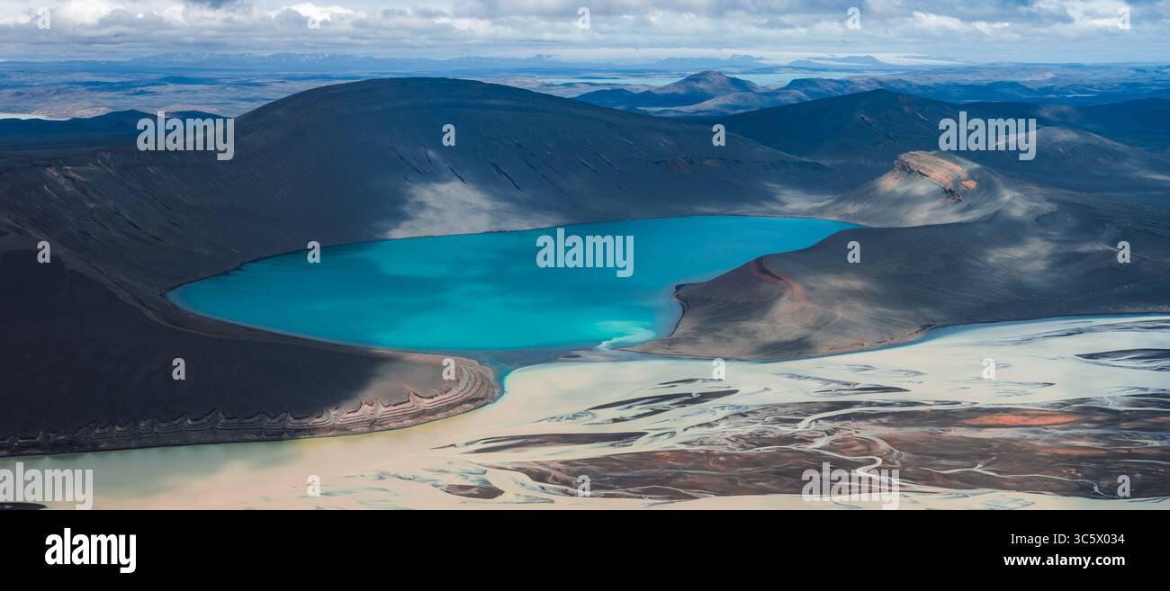 Aerial View of Turquoise Crater Lake and Braided Rivers in Iceland Stock Photo