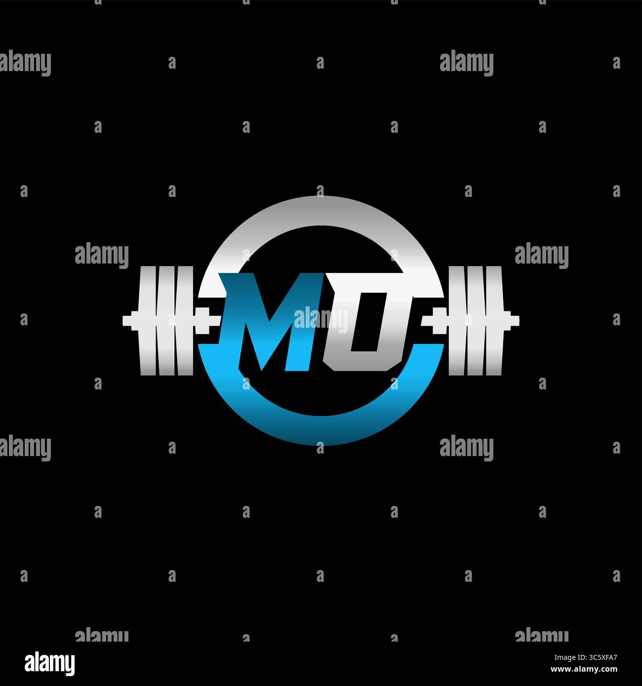 Fitness Gym Logo Initial Letter MO with Dumbbell and Circle vector graphic Stock Vector