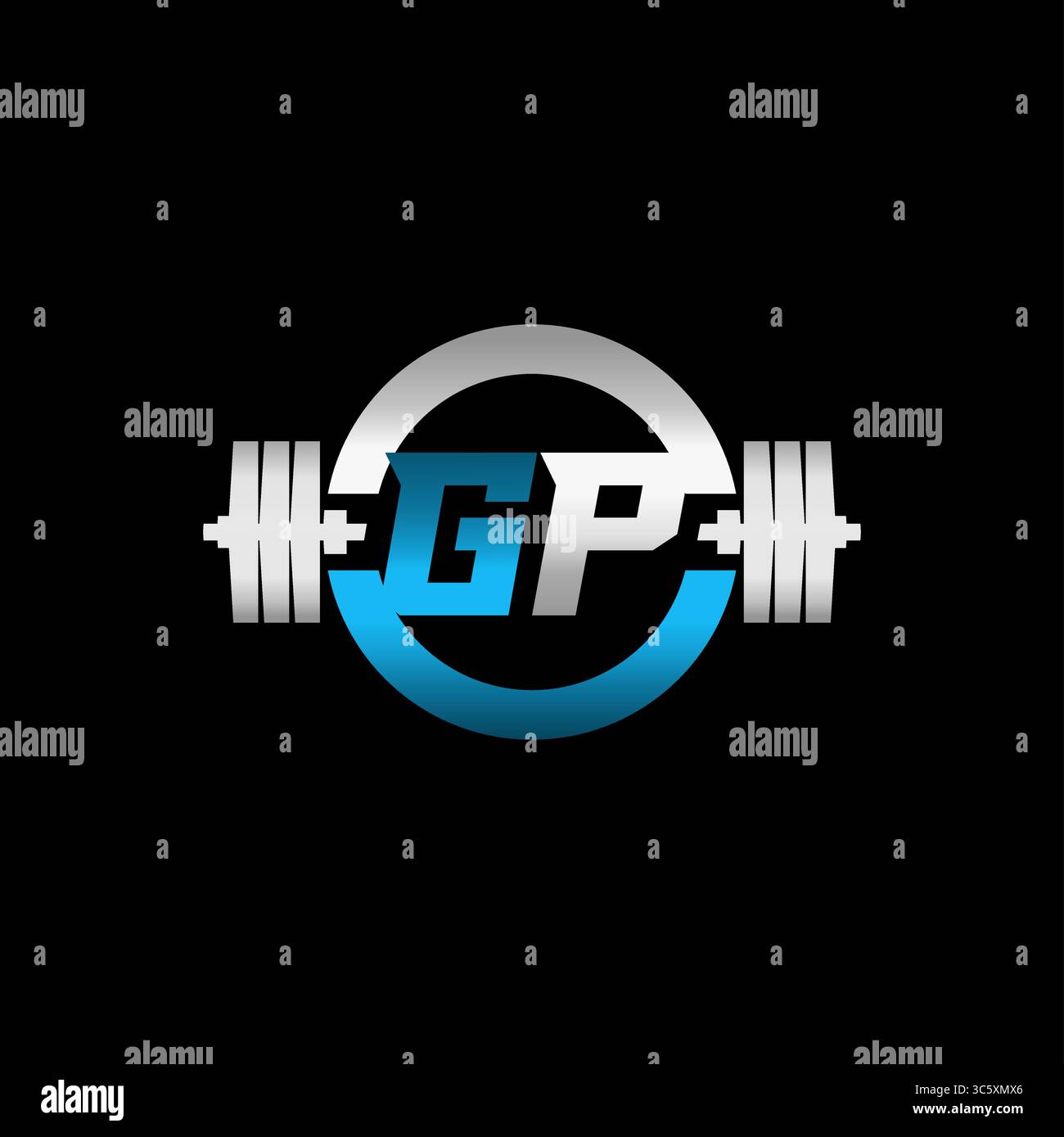 Fitness Gym Logo Initial Letter GP with Dumbbell and Circle vector graphic Stock Vector