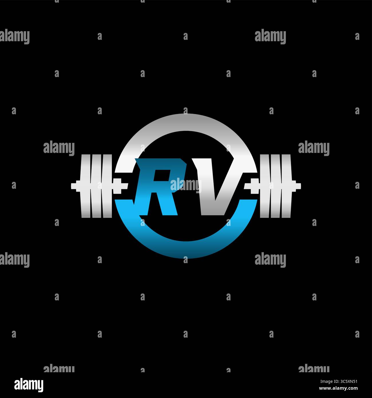 Fitness Gym Logo Initial Letter RV with Dumbbell and Circle vector graphic Stock Vector