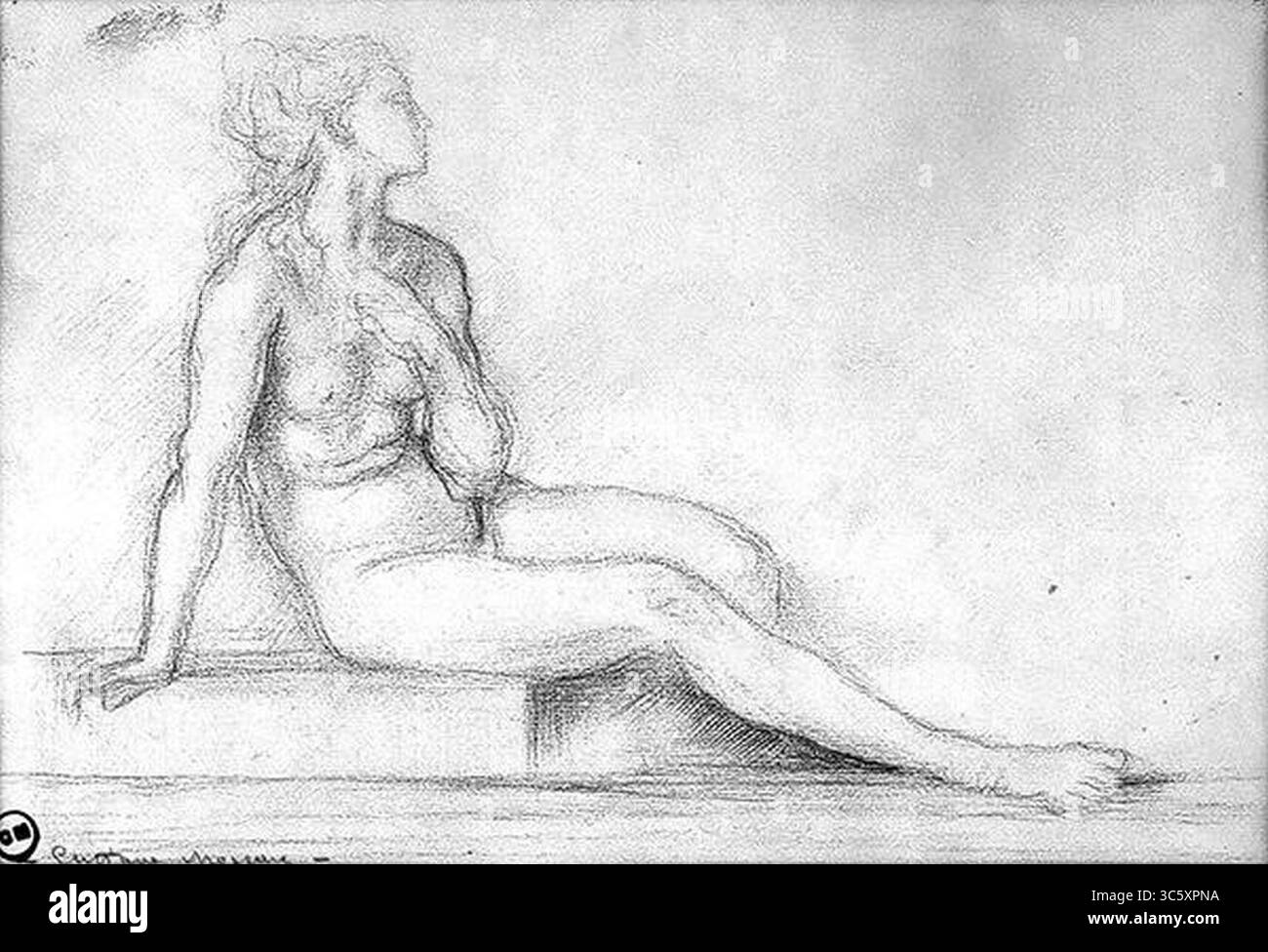 Moreau - Des. 4072, Modèle féminin nu assis, le bras gauche replié sur la poitrine. Stock Photo