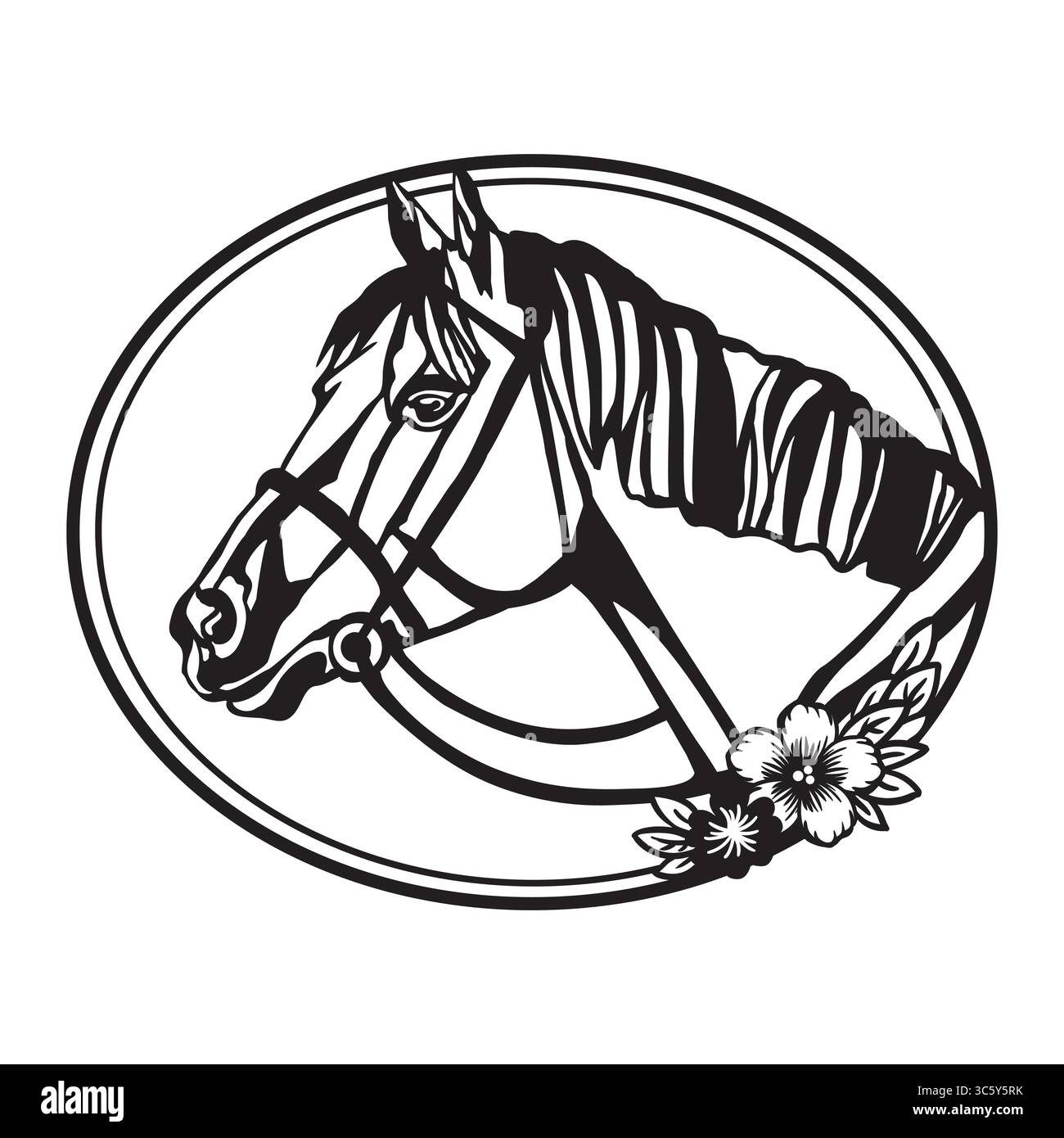 Pri Vector Head of horse in bridle with flowers in oval frame. Closed-loop ...