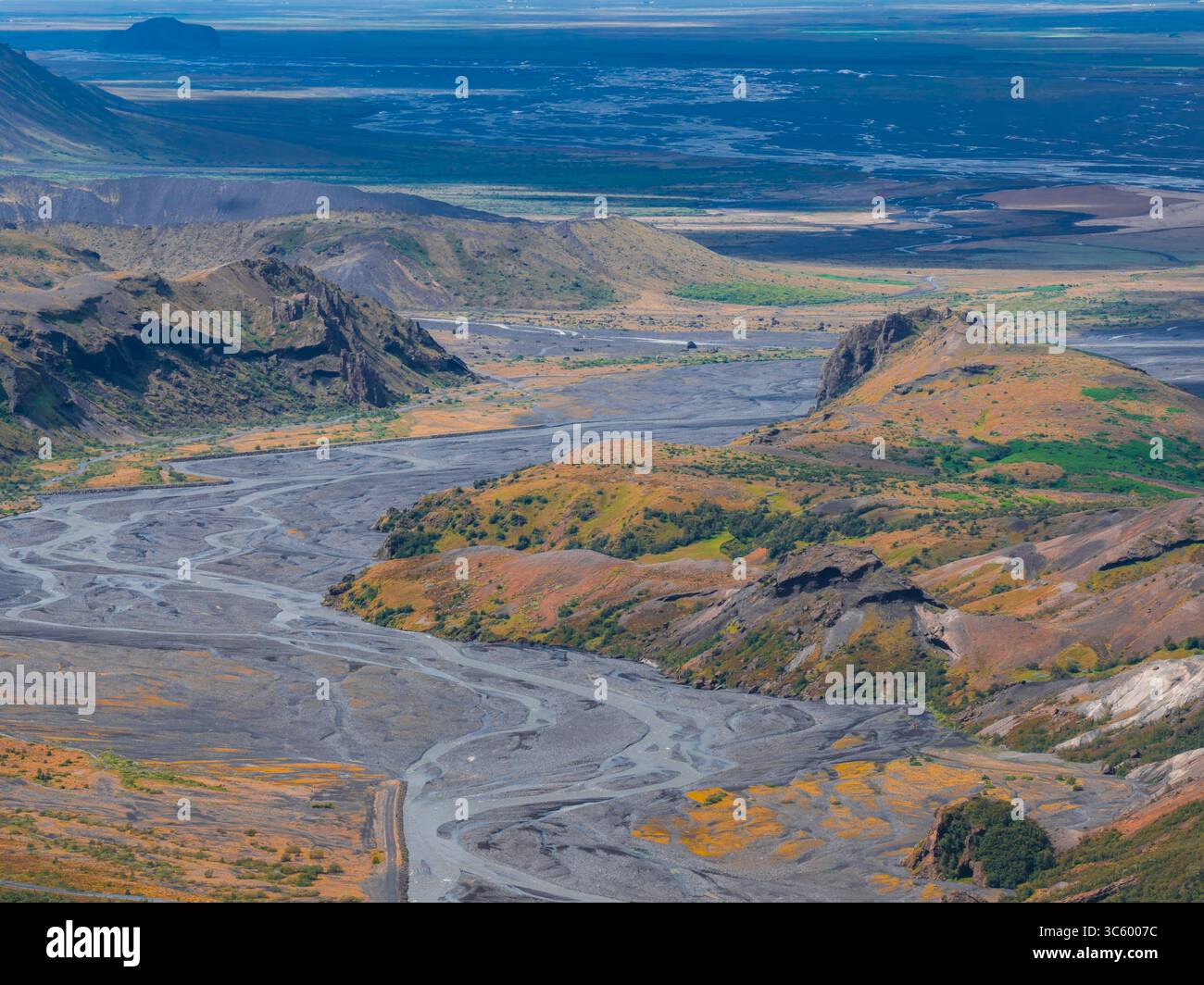 Aerial View of Braided River and Volcanic Landscape in Iceland Stock Photo