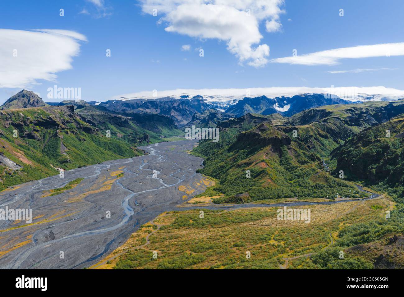 Aerial View of Icelandic Valley with Braided River and Mountains Stock Photo