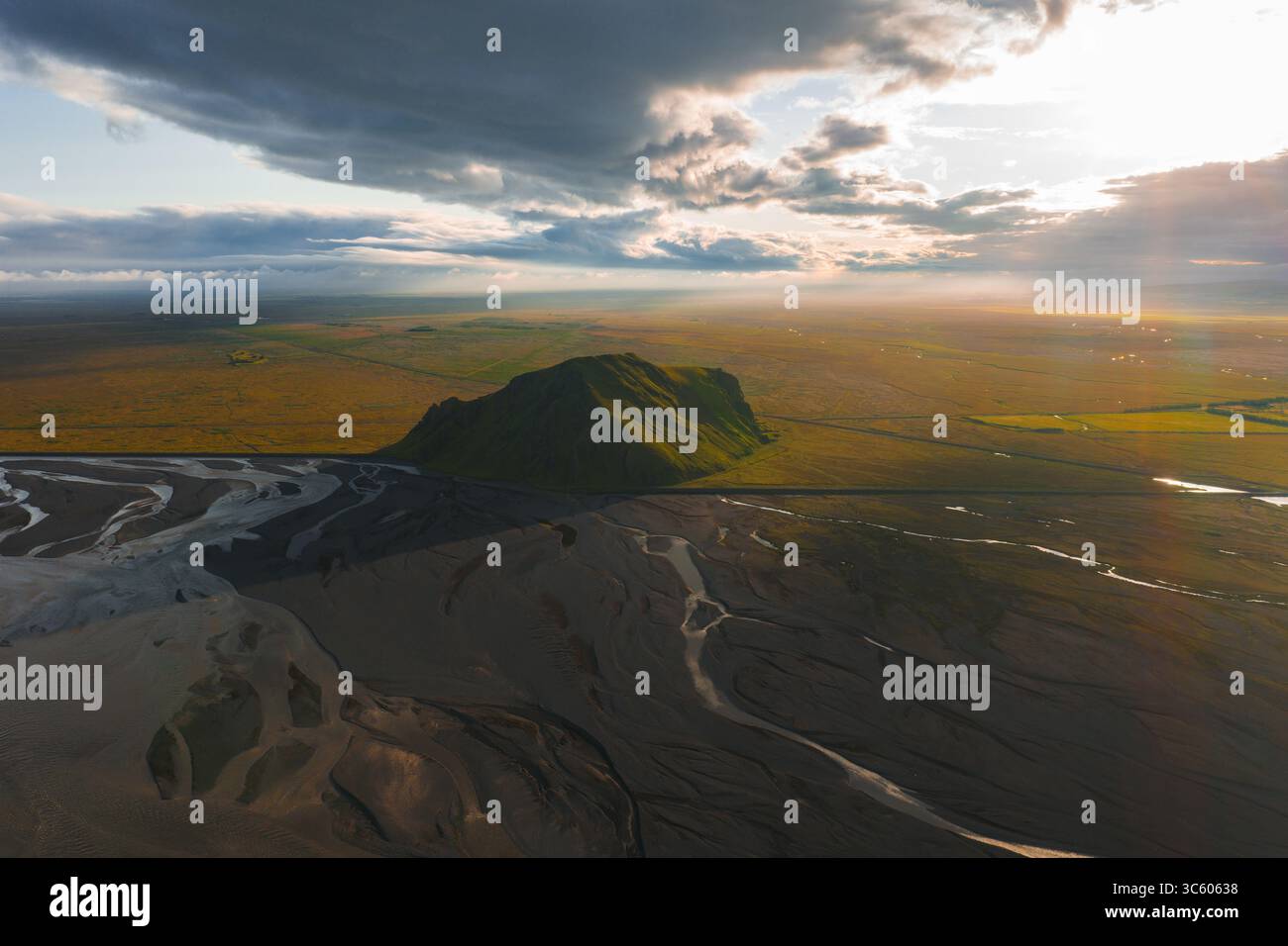 Aerial View of Green Hill and Braided Rivers in Iceland at Sunset Stock ...