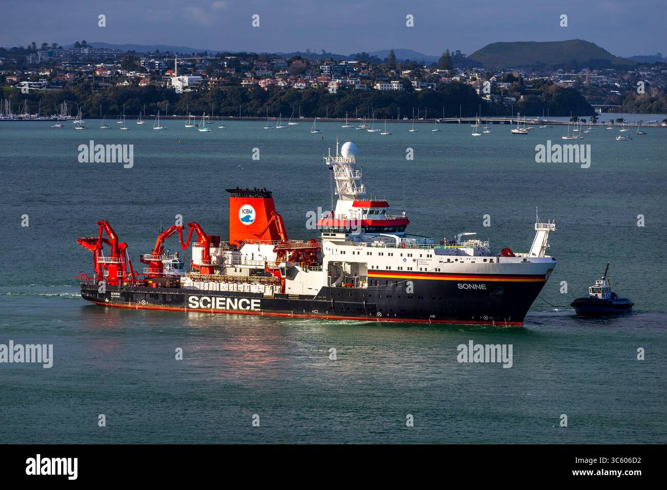 Auckland, New Zealand, 28 July 2025. The RV Sonne, a German deep ocean ...