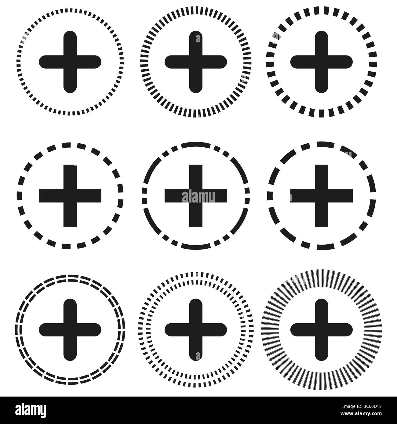 Plus sign icons. Circular dotted patterns. Medical Vector symbols. Modern interface elements. Stock Vector