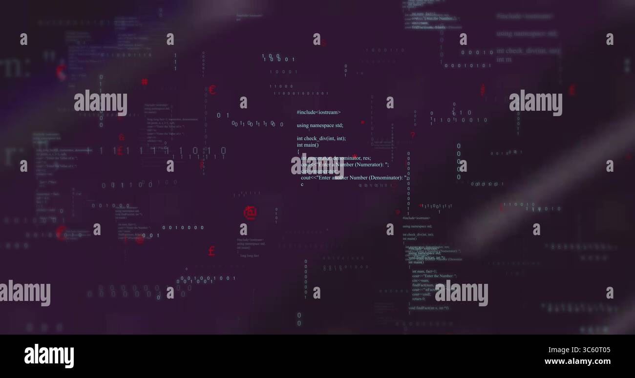 Displaying C++ code snippet floating through digital space, with binary digits and red euro symbols Stock Photo